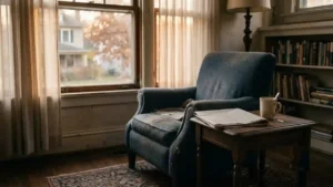 Empty armchair by a window with side table