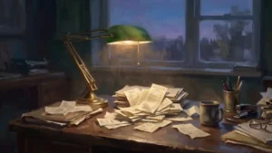A desk covered in printed receipts under a green banker’s lamp at dusk