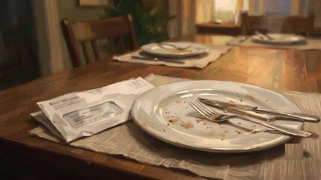 Empty dinner plate with envelope on a dining table