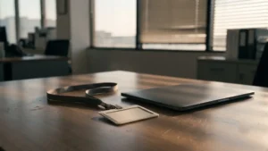 Laptop and employee badge on an office desk