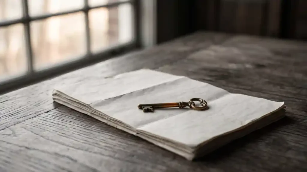 Antique brass key resting on old document pages