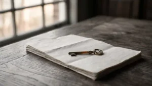 Antique brass key resting on old document pages