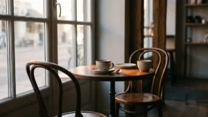Two coffee cups on a cafe table by a window